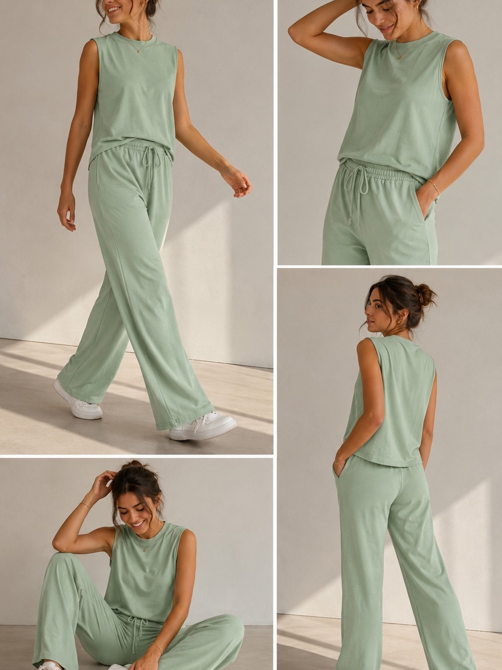 UVN Women’s 2 Piece Lounge Set Sage Green Sleeveless Top Wide Leg Pants NWT Size